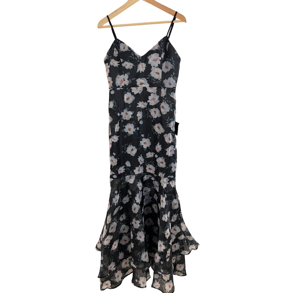 Lulus Pure Splendor Black Floral Organza Trumpet Maxi Dress Size Medium